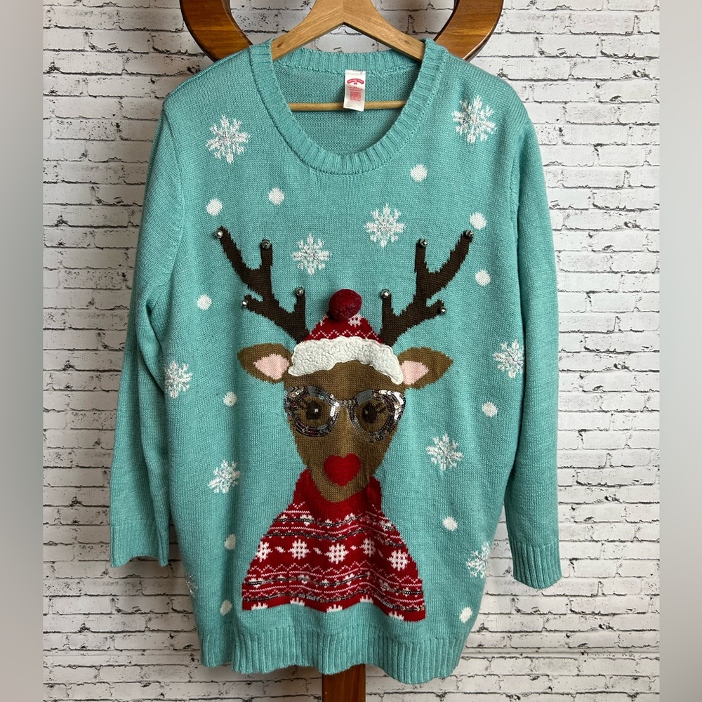 Holiday Time | Women's Teal Crew Neck Sweater with reindeer sz 2X (18W/20W)